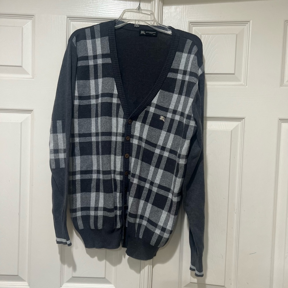 VNTG BURBERRY of london plaid wool  Shoulder Patch Men’s XXL cardigan sweater